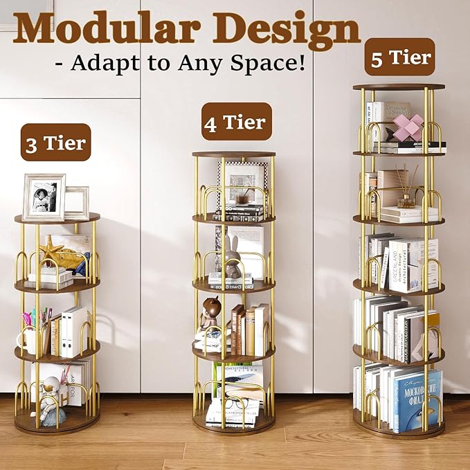 5-Tier Rotating Bookshelf, 360° Round Spinning Book Shelf Tower, Tall Skinny - Image 5