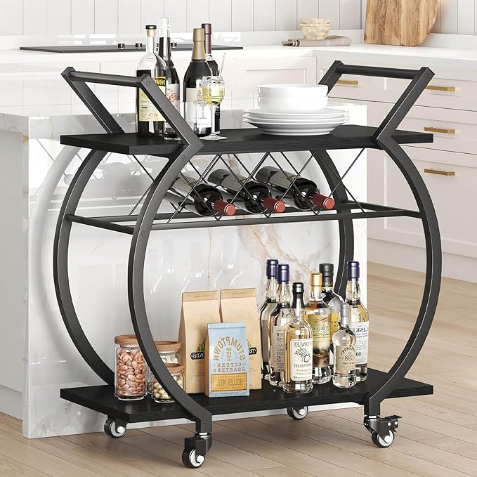LVB Black Wine Cart with Wheels, Modern Bar Cart with Wine Rack, Industrial - Image 6