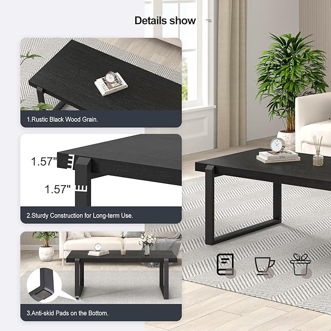 EXCEFUR Modern Black Coffee Table, Industrial Wooden and Metal Center Table - Image 5