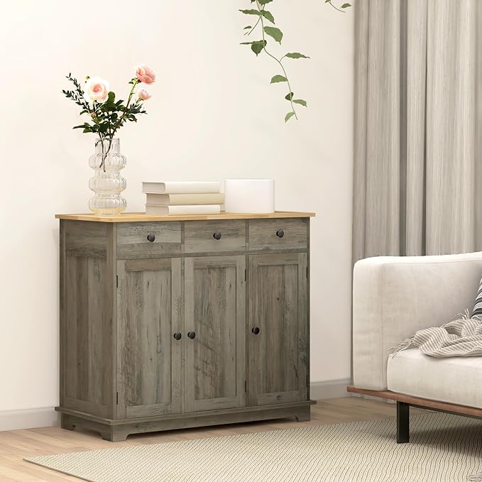 HOMCOM Sideboard with Solid Wood Countertop, Modern Kitchen Storage Cabinet - Image 9