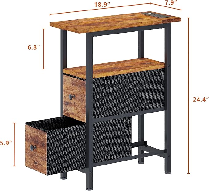 End Table with Charging Station, Narrow Side Table with 2 Fabric Drawers - Image 3