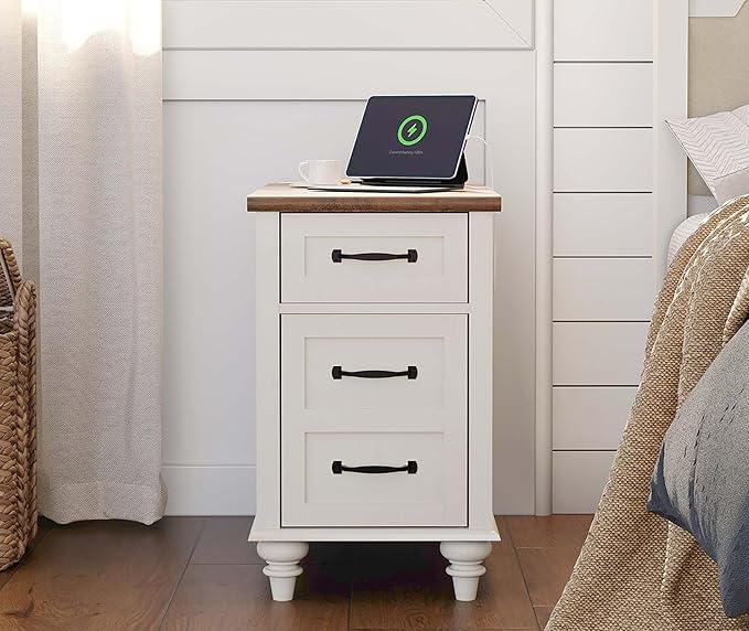 WAMPAT End Table with Charging Station, Wood Nightstand with Power Outlets & - Image 3