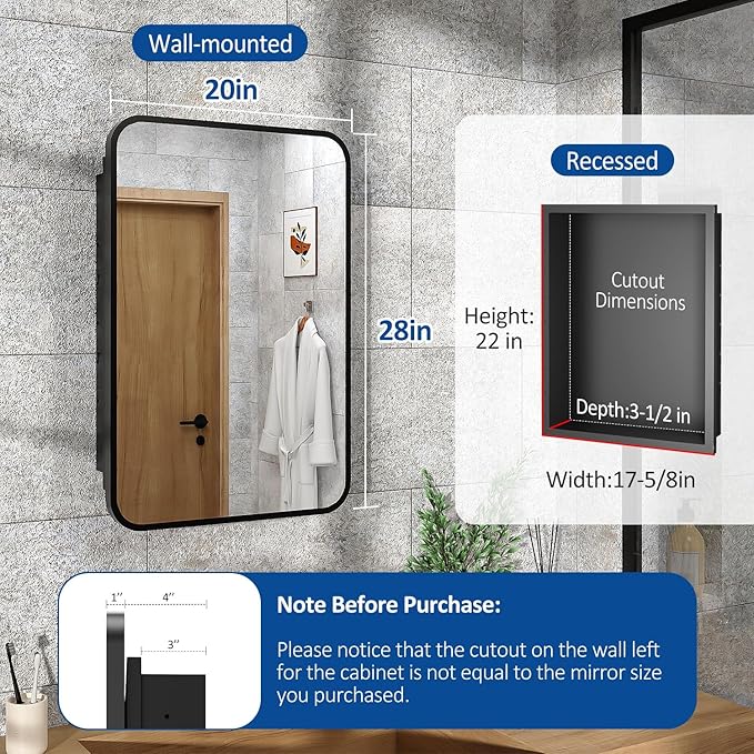 20x28 Inch Black Recessed Bathroom Medicine Cabinet - Image 6