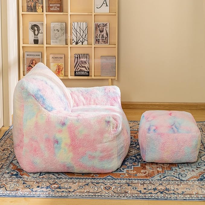 Bean Bag Chair, Sherpa Accent Beanbag Chair and Ottoman Set, Fur Faux BeanBag - Image 3