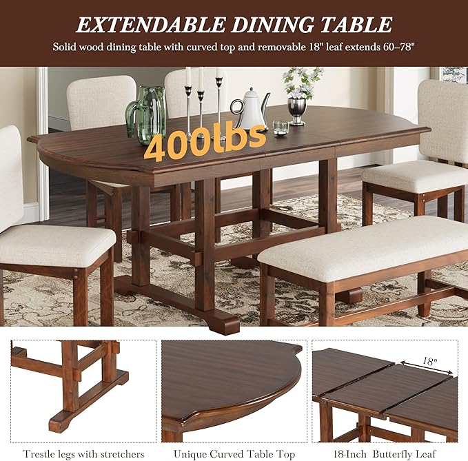Ball & Cast 6 Pieces 78inch Extendable Wood Dining Table Set - Image 5