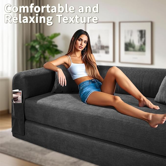 80" Convertible Sofa Bed, Corduroy Deep Seat Folding Pull Out Couch - Image 8