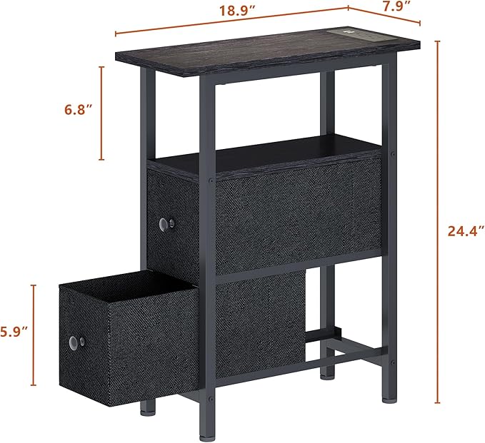 End Table with Charging Station, Narrow Side Table with 2 Fabric Drawers - Image 3