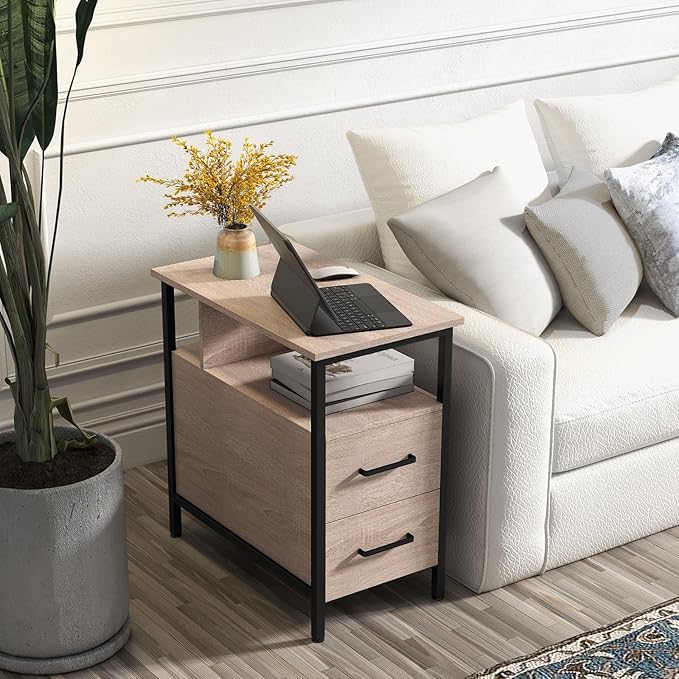 Side Tables with Charging Station, Narrow End Table with 2 Wooden Drawers - Image 2