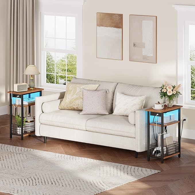 HOOBRO Narrow Side Table with Charging Station and LED Light, Small End Table - Image 5
