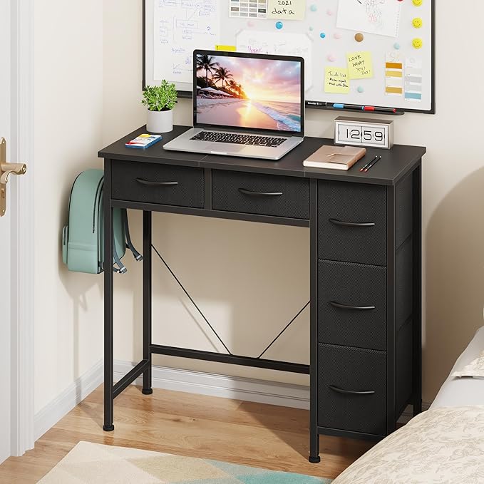 Small Computer Desk with 5 Fabric Drawers, 33 Inch Writing Desk by HIGDBFE