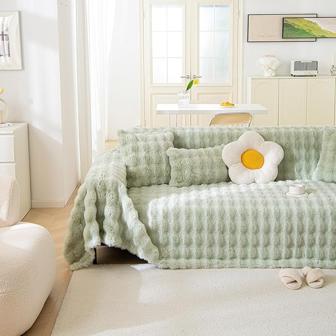 VM VOUGEMARKET Thick Faux Rabbit Fur Couch Cover 1-Piece Non-Slip Warm Soft - Image 3