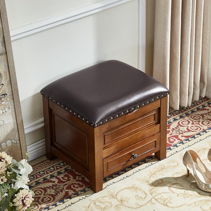 Storage Ottoman with Drawer, Microfiber Leather Padded Top Foot Rest Stool with - Image 3