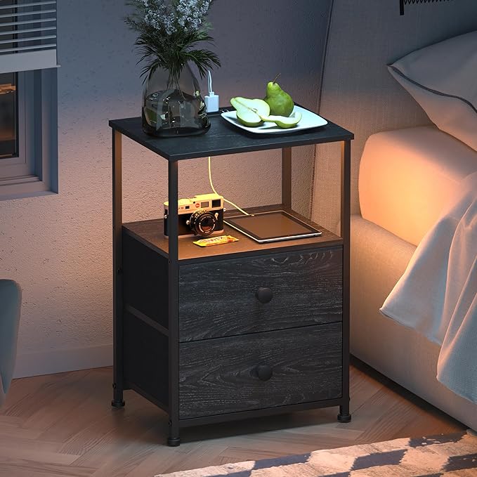 Tohomeor End Table with Charging Station, LED Light, Fabric Drawers, and USB - Image 6