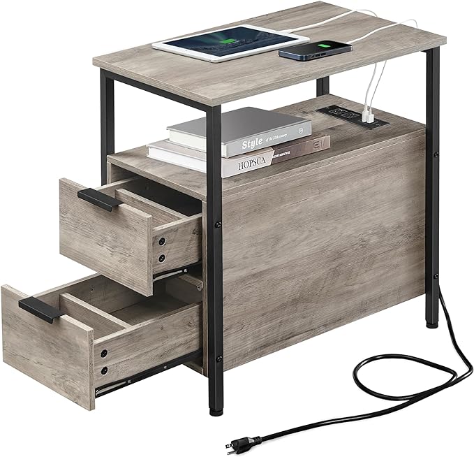 VASAGLE Side Table with Charging Station, Narrow End Table with 2 Drawers by VASAGLEbySONGMICSHOME