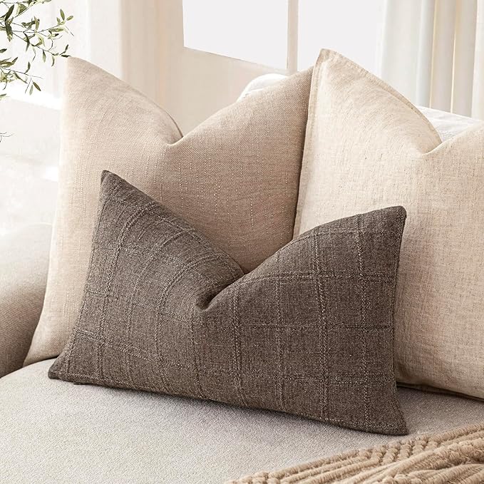 Foindtower Set of 2 Decorative Linen Check Throw Pillow Covers Neutral - Image 5