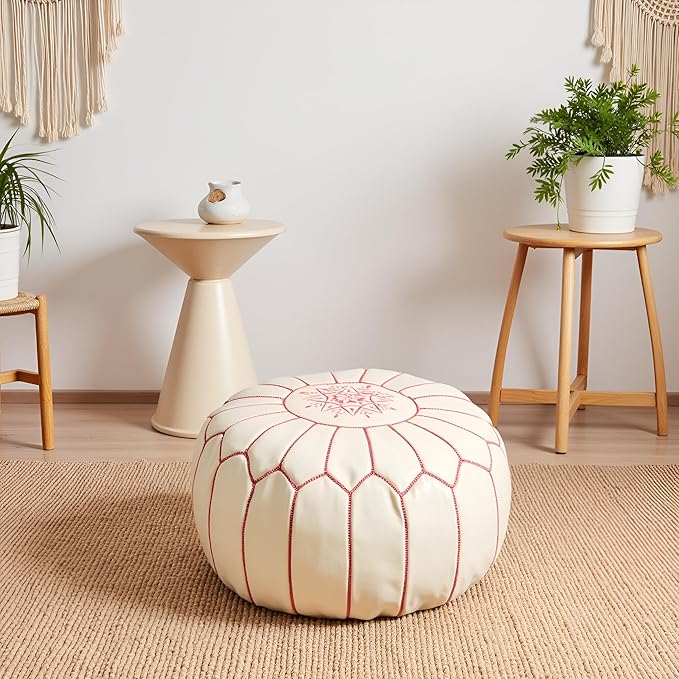 Stuffed Round Design Moroccan Leather Pouf Ottoman, Pre-Filled, 100% Genuine - Image 4