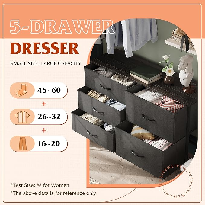 WLIVE Dresser for Bedroom with 5 Drawers, Wide Bedroom Dressers with Drawer - Image 5