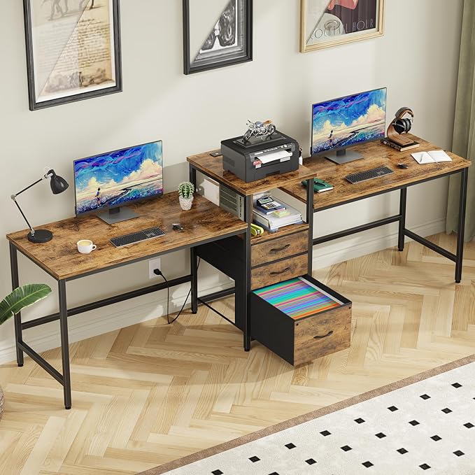 93'' Two Person Desk with Charging Station, Long Desk with 3 Fabric Drawers and by GYIIYUO