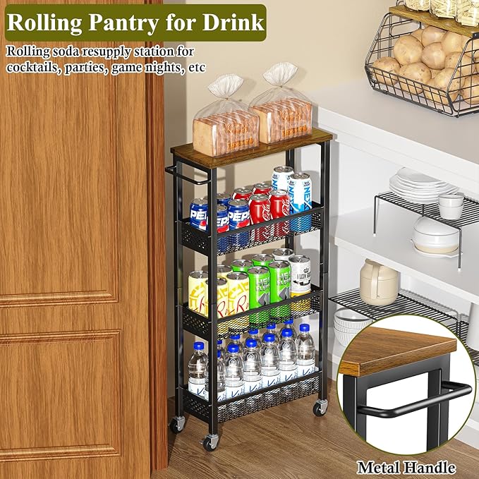 Utility Slim Storage Cart, 4 Tier Small Rolling Kitchen Laundry Room Cart - Image 7