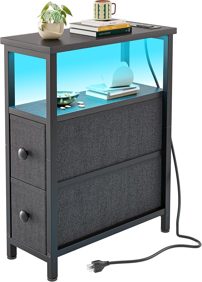 TIQLAB End Table with Charging Station, Narrow Side Table with 2 Fabric Drawers by TIQLAB