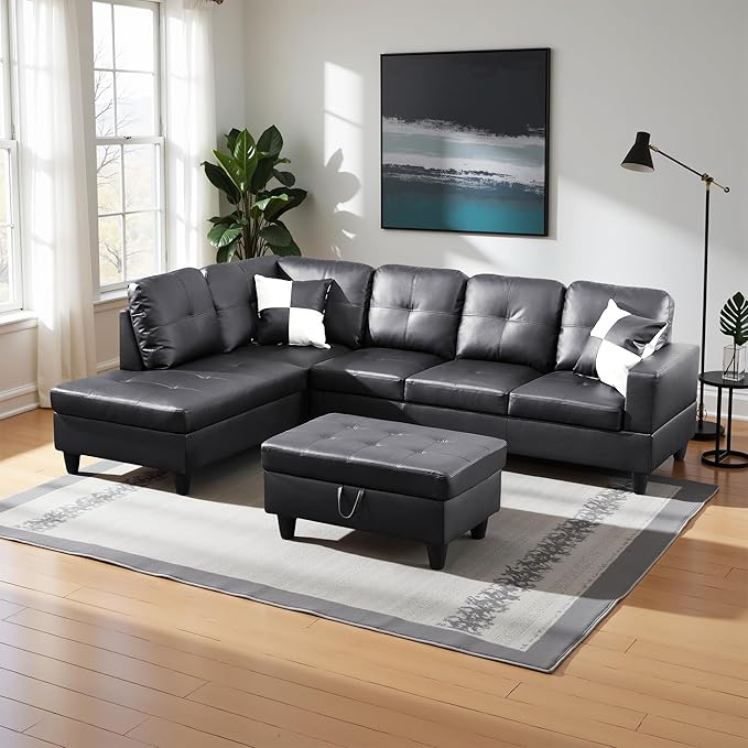 L Shaped Couch Faux Leather Sectional Couch Upholstered 3 Pieces Sofas by LynginsCreativeLife