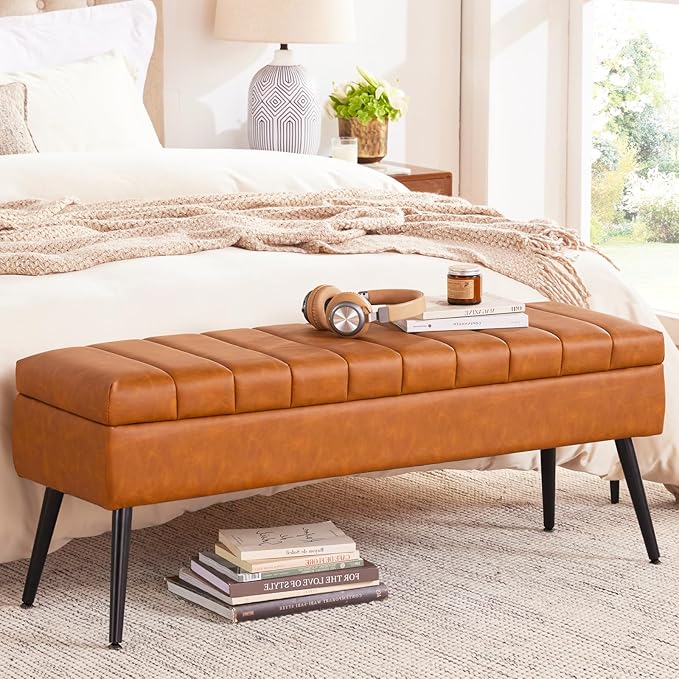 CUYOCA Storage Ottoman Bench, 43.5" Faux Leather Upholstered Entryway Bench by CUYOCA-MakeYouFeelComfort