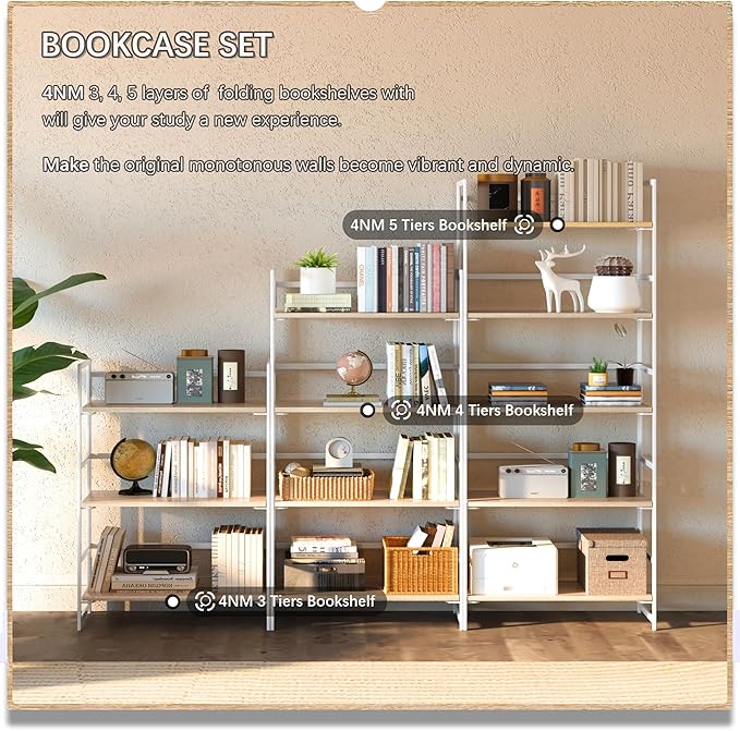 4NM No Assembly 4 Tiers Book Shelves, Living Room, Home Office - Image 5