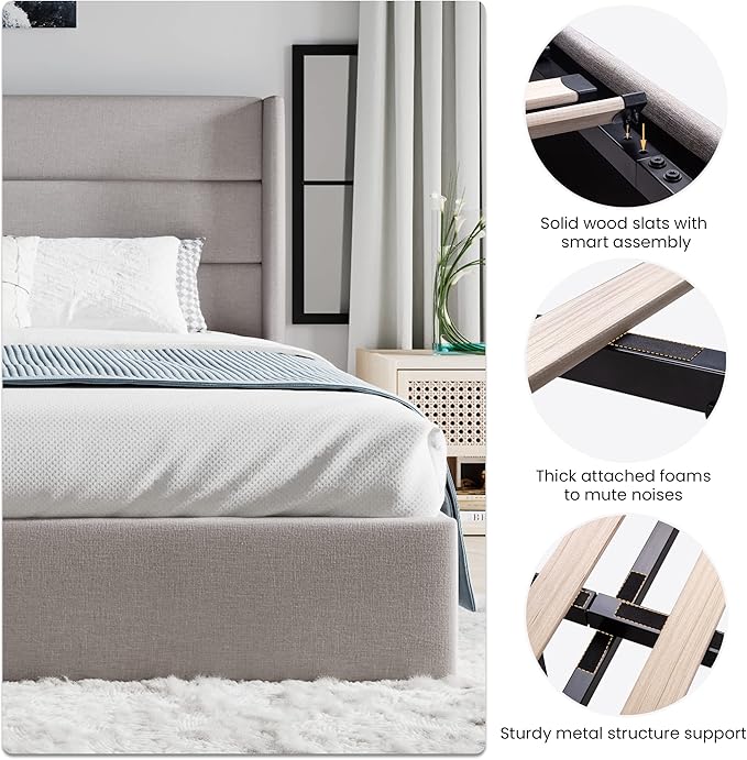 SHA CERLIN King Size Lift Up Storage Bed/Modern Wingback Headboard/Upholstered - Image 3