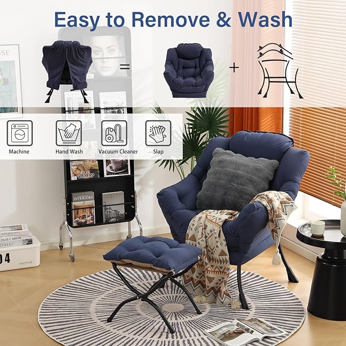Large Lazy Chair with Ottoman, Accent Reading Chairs with a Throw Pillow - Image 4