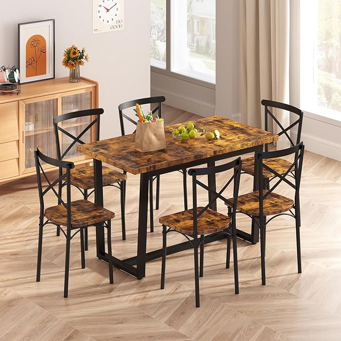 7-Piece Dining Table with Chairs Set, Rectangular Metal Frame Table with 6 - Image 7