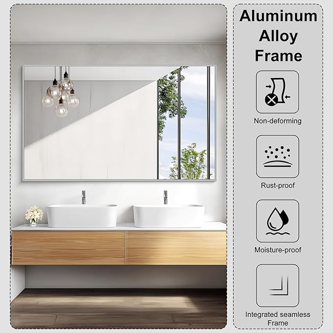 KOCUUY Large Silver Bathroom Mirror, 60x36 inch Rectangular Mirror - Image 7