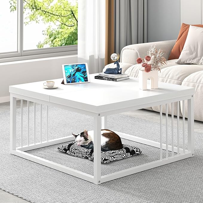 FOLUBAN White Coffee Table, Modern Rustic Wood and Metal Center Table, - Image 3