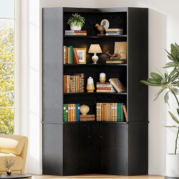 IRONCK Corner Bookshelf with Doors, 6 Tier Bookcase with Storage, Corner Shelf by IRONCK
