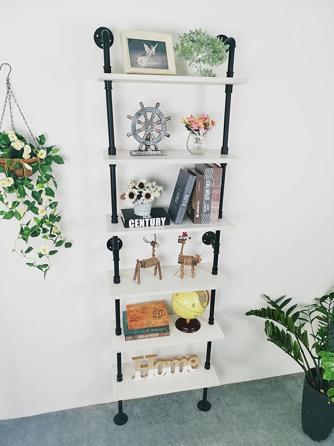 Industrial Ladder Pipe Shelves, Wall Mounted Wood Metal Rustic Bookshelf - Image 8
