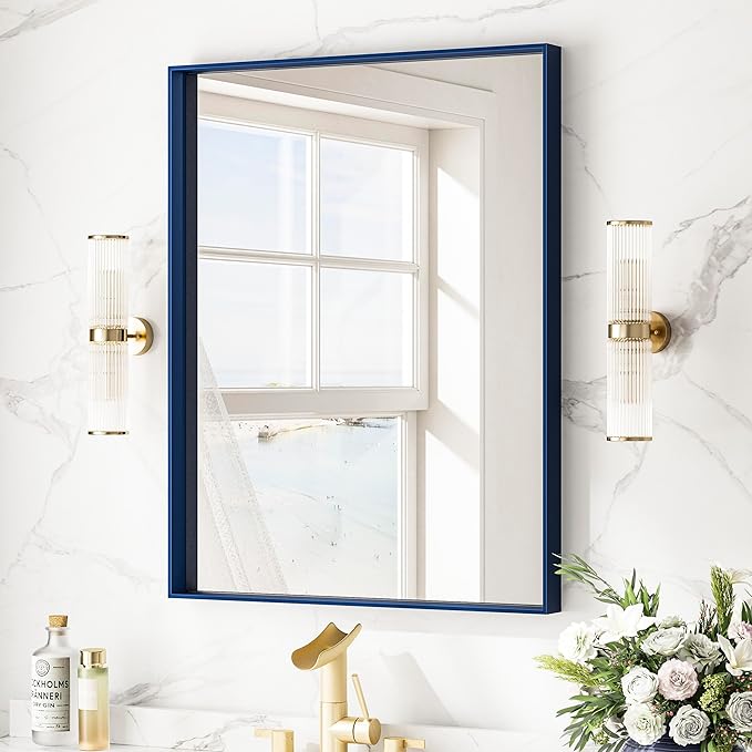 Keonjinn Blue Bathroom Mirror 22 x 30 in, Metal Framed Rectangular Wall Mirror by Keonjinn