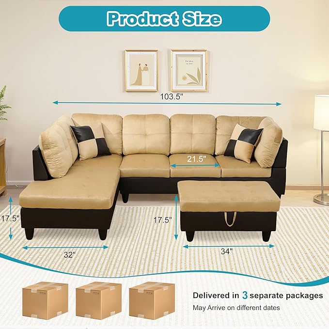 L Shaped Couch Modern Sectional Couch Upholstered Lint Fabric 3 Pieces Sofas - Image 2