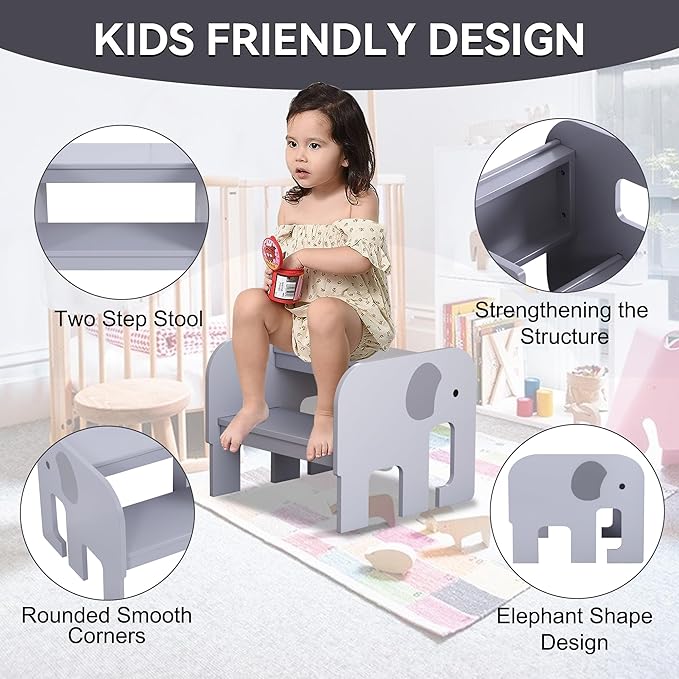 Wood Step Stools for Kids, Child Two Step Stool of Elephant Shape, Toddler Step - Image 2