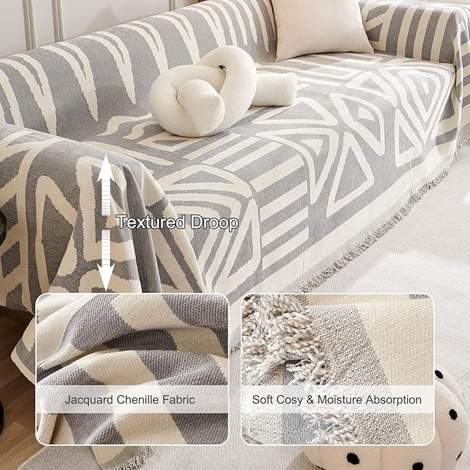 STACYPIK Boho Couch Cover, Chenille Gray Triangle Sofa Cover - Image 9