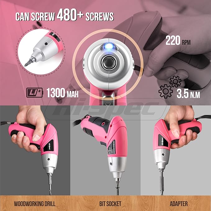 Hi-Spec Electric Screwdriver 27pc 3.6V Pink USB Small Power Screwdriver Set. - Image 4