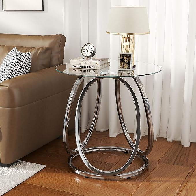 O&K FURNITURE Silver End Table for Living Room, Glass Side Table for Bedroom - Image 3