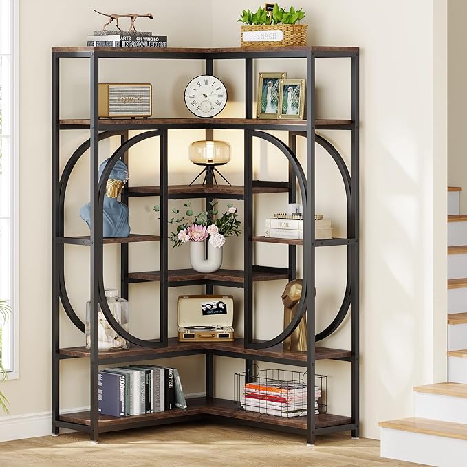 LITTLE TREE Large Corner Bookshelf Industrial Bookcase - Image 2