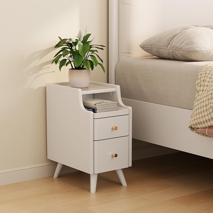Small Nightstand with Drawers, Solid Wood Bedside Table, Narrow Walnut by AQIMUELE-Solidwoodfurniture