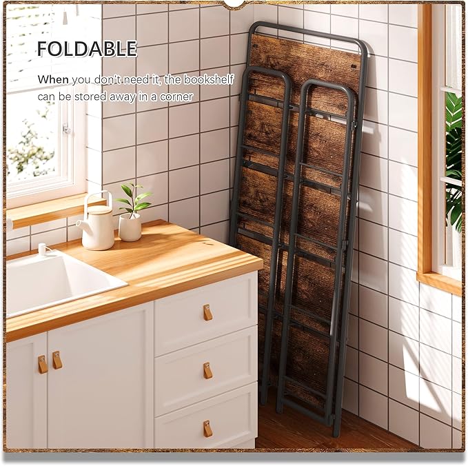 4NM No Assembly Folding Bookshelf 5 Tiers Vintage Industrial Black Book Shelf - Image 6