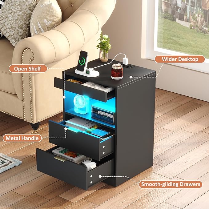 Gadroad LED Nightstand with Charging Station, Bedside Table with 3 Drawers and - Image 5