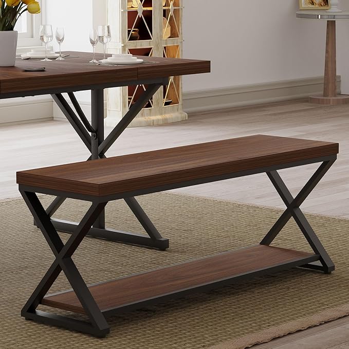 IBF Wood Entryway Bench Indoor, Industrial Wooden Metal Entry Shoe Storage - Image 8