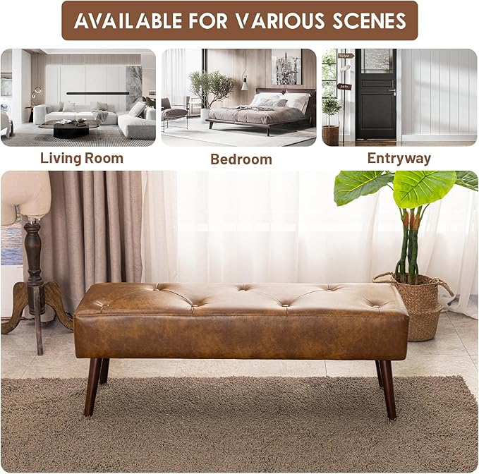 Furniliving 44 Inch Tufted Leather Bench, Leather Footrest Stool Bedroom Bench - Image 7
