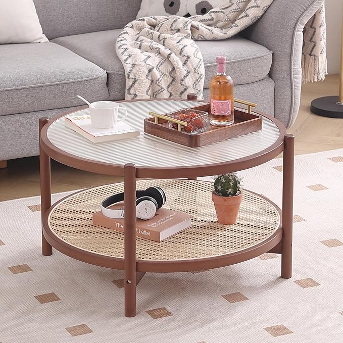 Tiita Rattan Coffee Table, Large Round End Table, 27.6 Inch Modern Side Table by TiitaHome