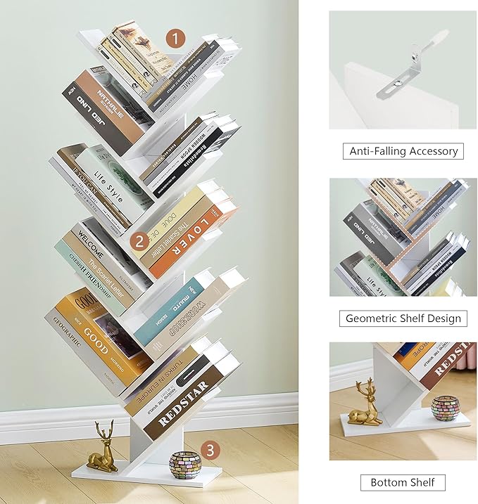 Hoctieon 10 Tier Tree Bookshelf, 10 Shelf Bookcase, Free Standing Tree Bookcase - Image 7