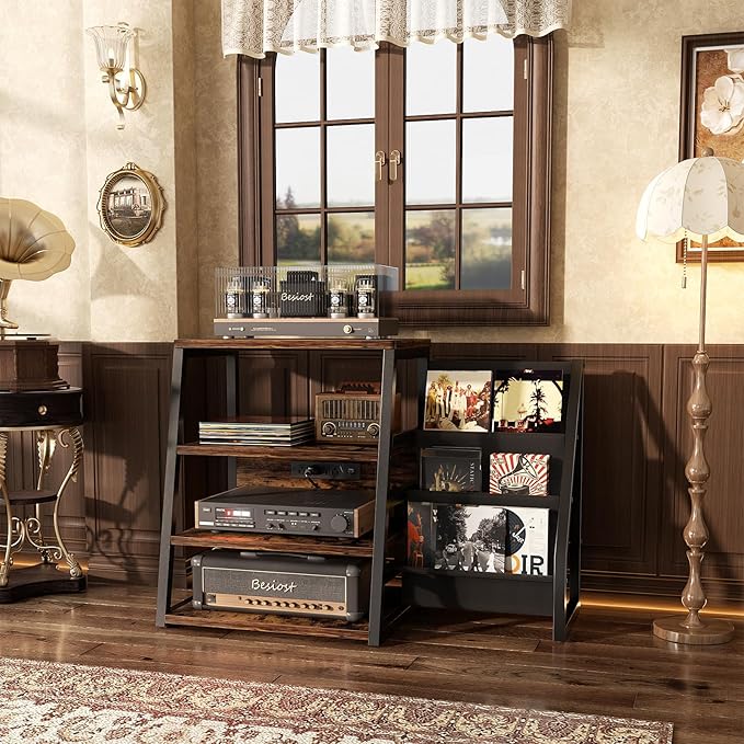 AV Media Stand with Outlets, Stereo Stands and Racks with Vinyl Storage - Image 2