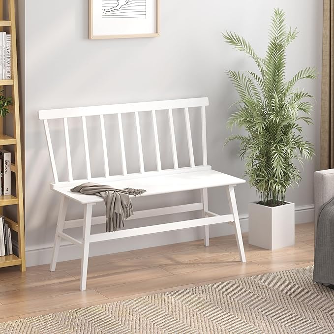 Bamboo Dining Bench, Wooden White Entryway Bench - Image 8